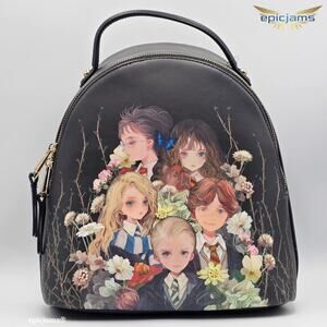 Harry Potter Characters Floral Botanical Group Portrait Black Mini Backpack Bag